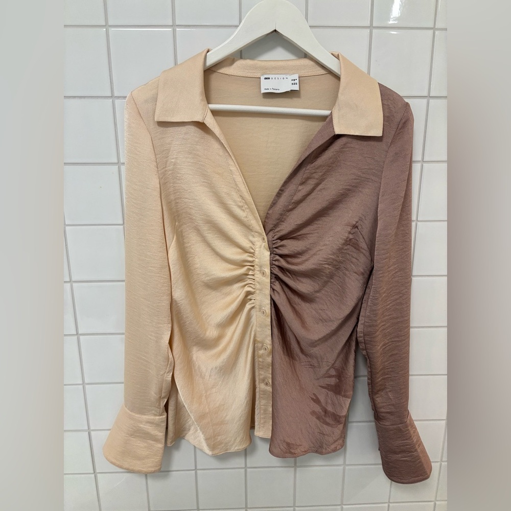 Chic Cream and Tan Ruched Button Down Shirt